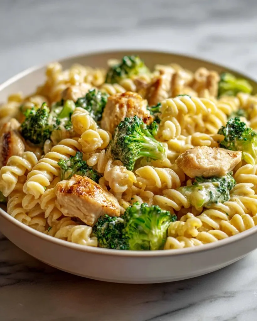 Creamy Rotisserie Chicken Broccoli Pasta dish with fresh ingredients