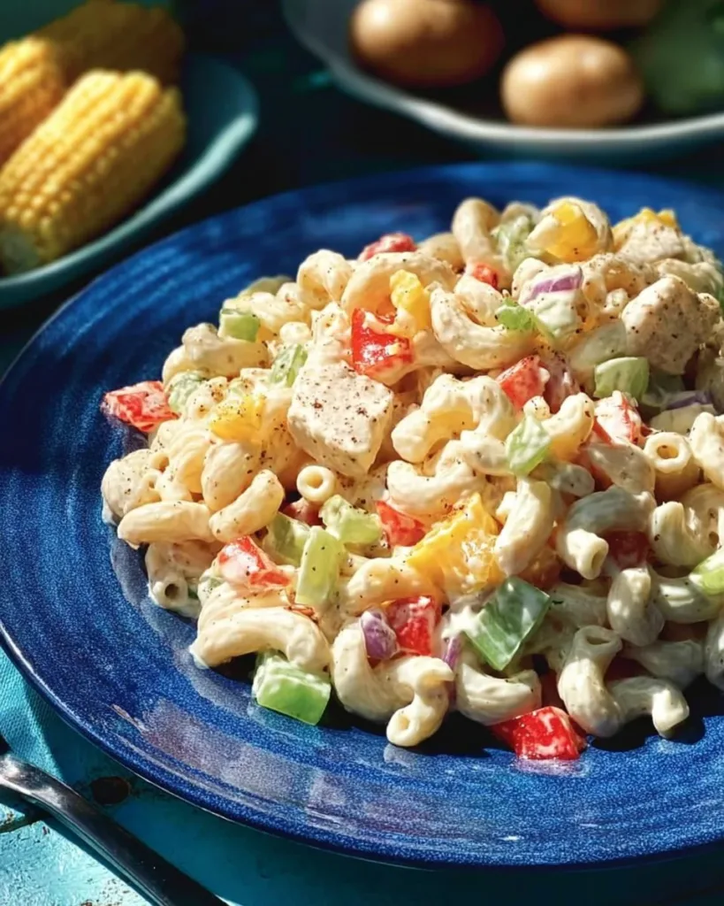Creamy vegan pasta salad with fresh vegetables and a plant-based dressing