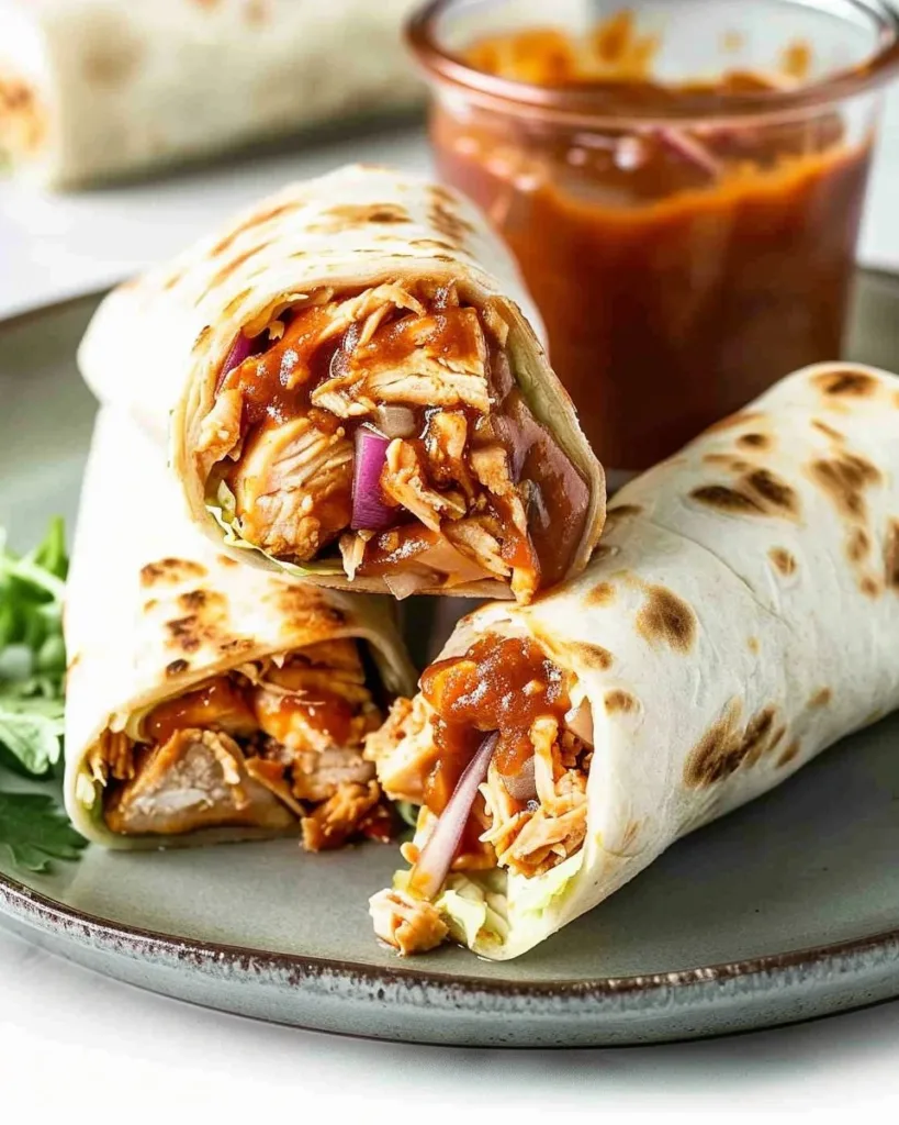 Crispy BBQ chicken wraps with fresh vegetables and savory sauce