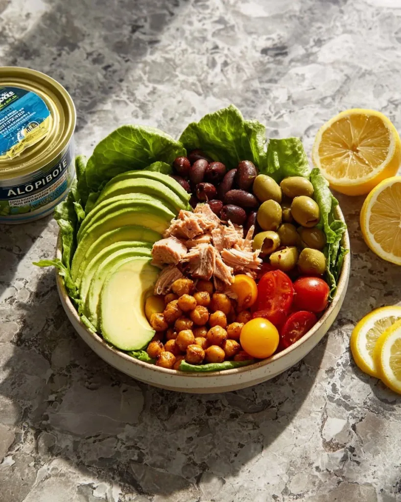 Crispy chickpea tuna salad served in a bowl with fresh vegetables