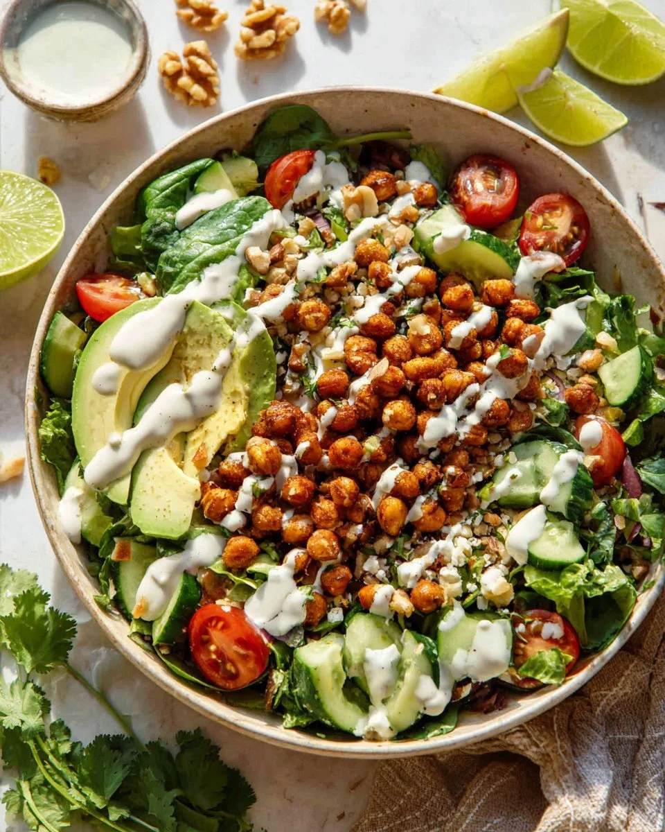 Crispy Chili Lime Garbanzo Beans Salad in a colorful bowl with fresh vegetables