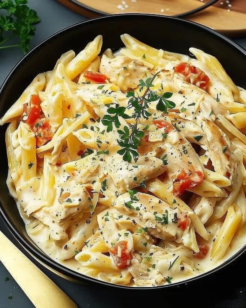 A bowl of Crock Pot Cajun Chicken Pasta garnished with herbs
