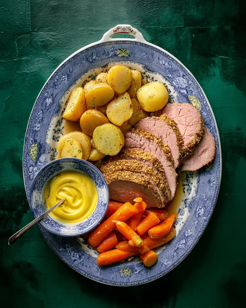 Crock Pot Corned Beef Brisket served with vegetables and spices