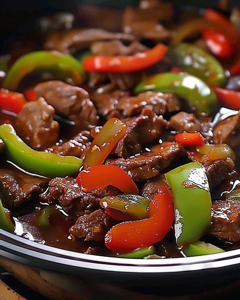 Delicious Crock Pot Pepper Steak served with vegetables