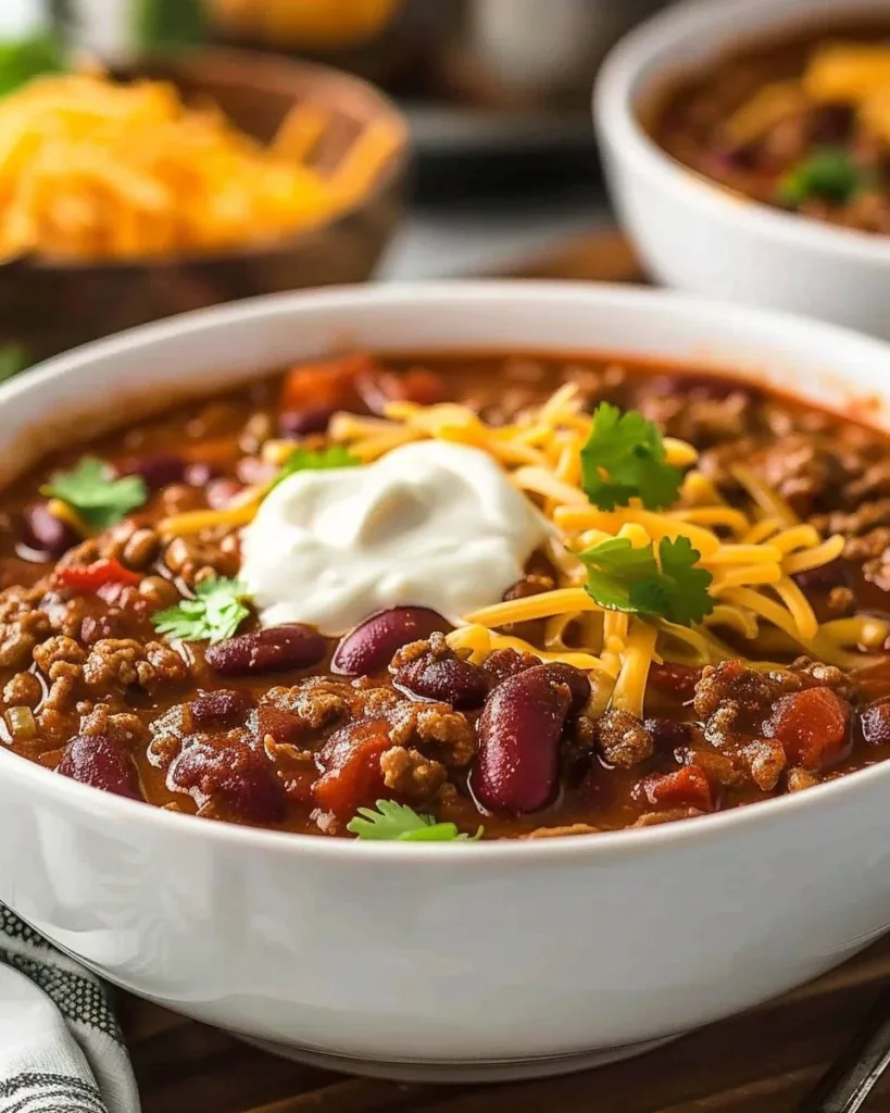 Delicious bowl of Crockpot Chili topped with cheese and fresh herbs
