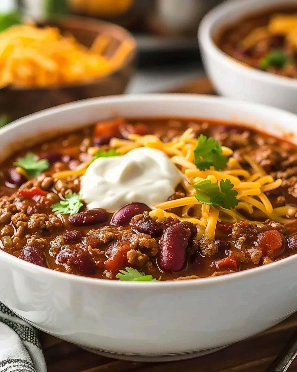 Delicious bowl of Crockpot Chili topped with cheese and fresh herbs