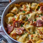 Delicious Crockpot Pierogi Casserole with Kielbasa served in a bowl