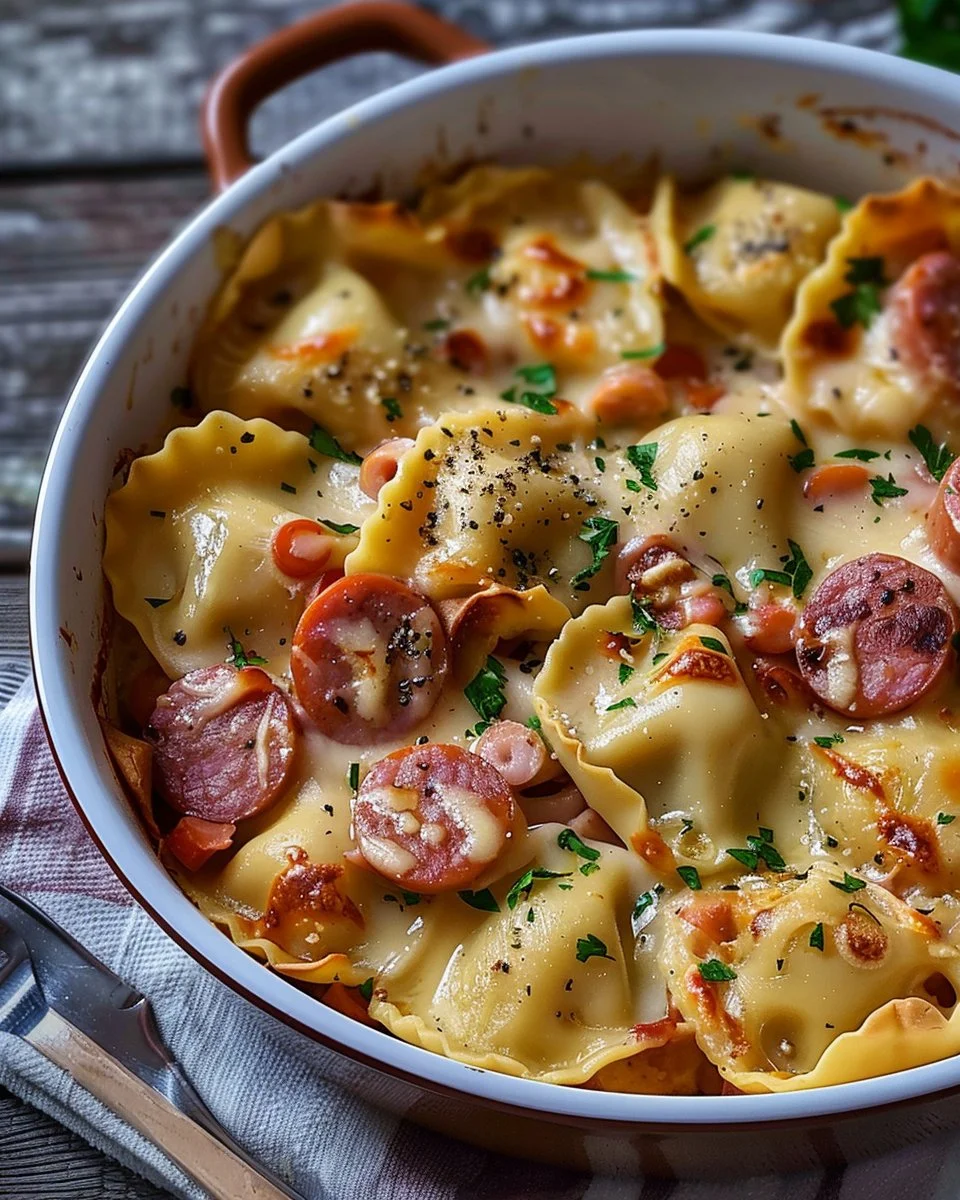 Delicious Crockpot Pierogi Casserole with Kielbasa served in a bowl