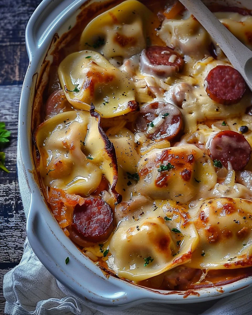 Crockpot Pierogi Casserole with Kielbasa