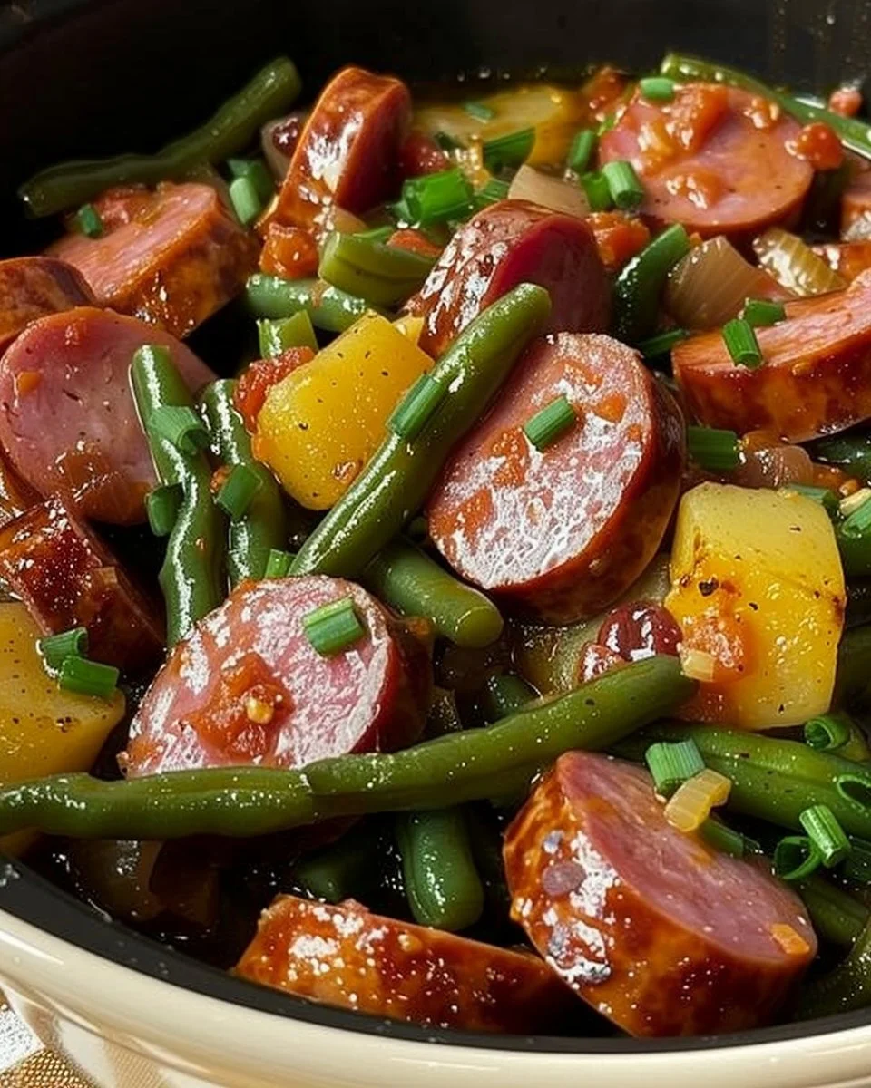 Crockpot Sausage and Green Beans dish served in a bowl with fresh herbs