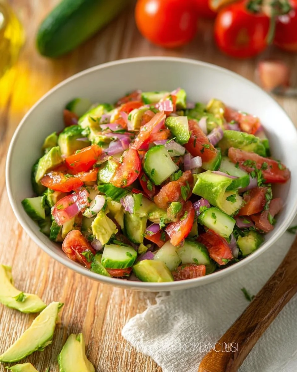 Cucumber Tomato Avocado Salad with fresh ingredients in a bowl.