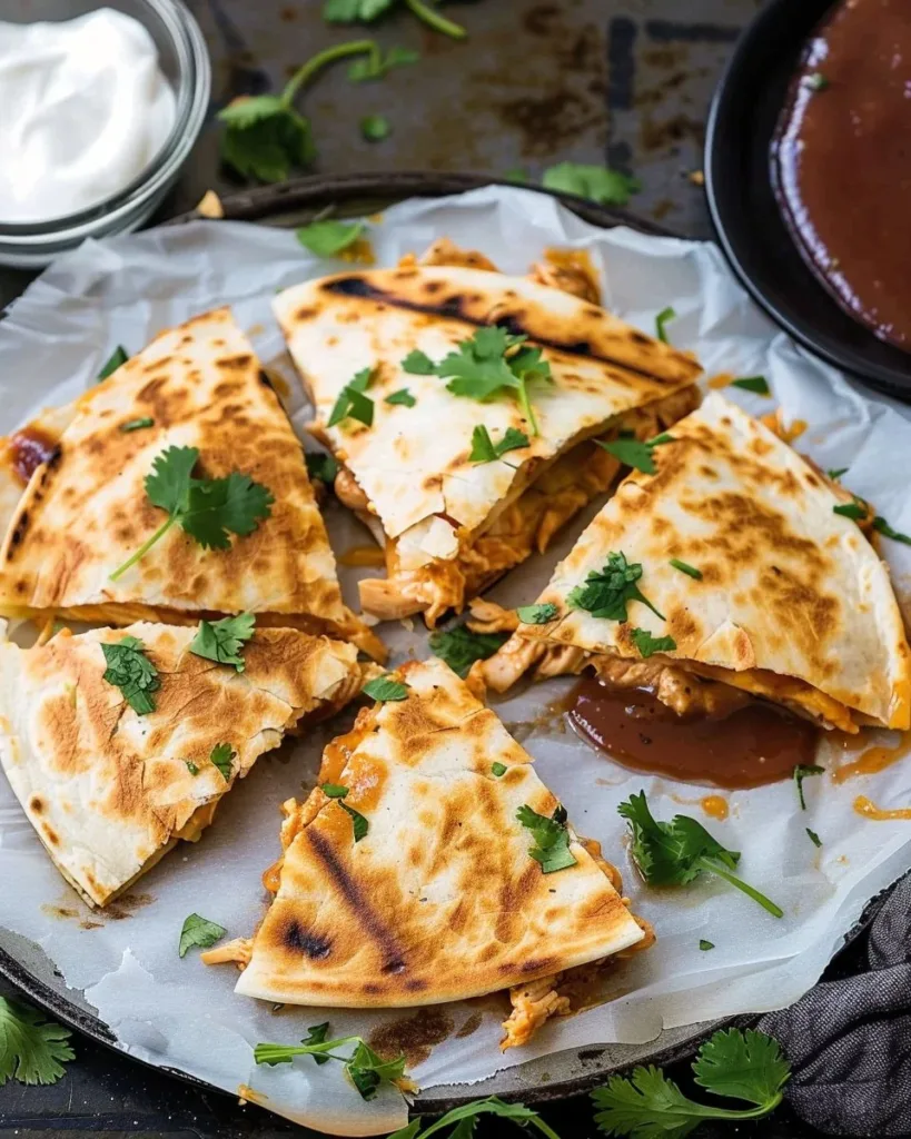 Delicious BBQ chicken quesadillas on a plate with melted cheese and fresh toppings