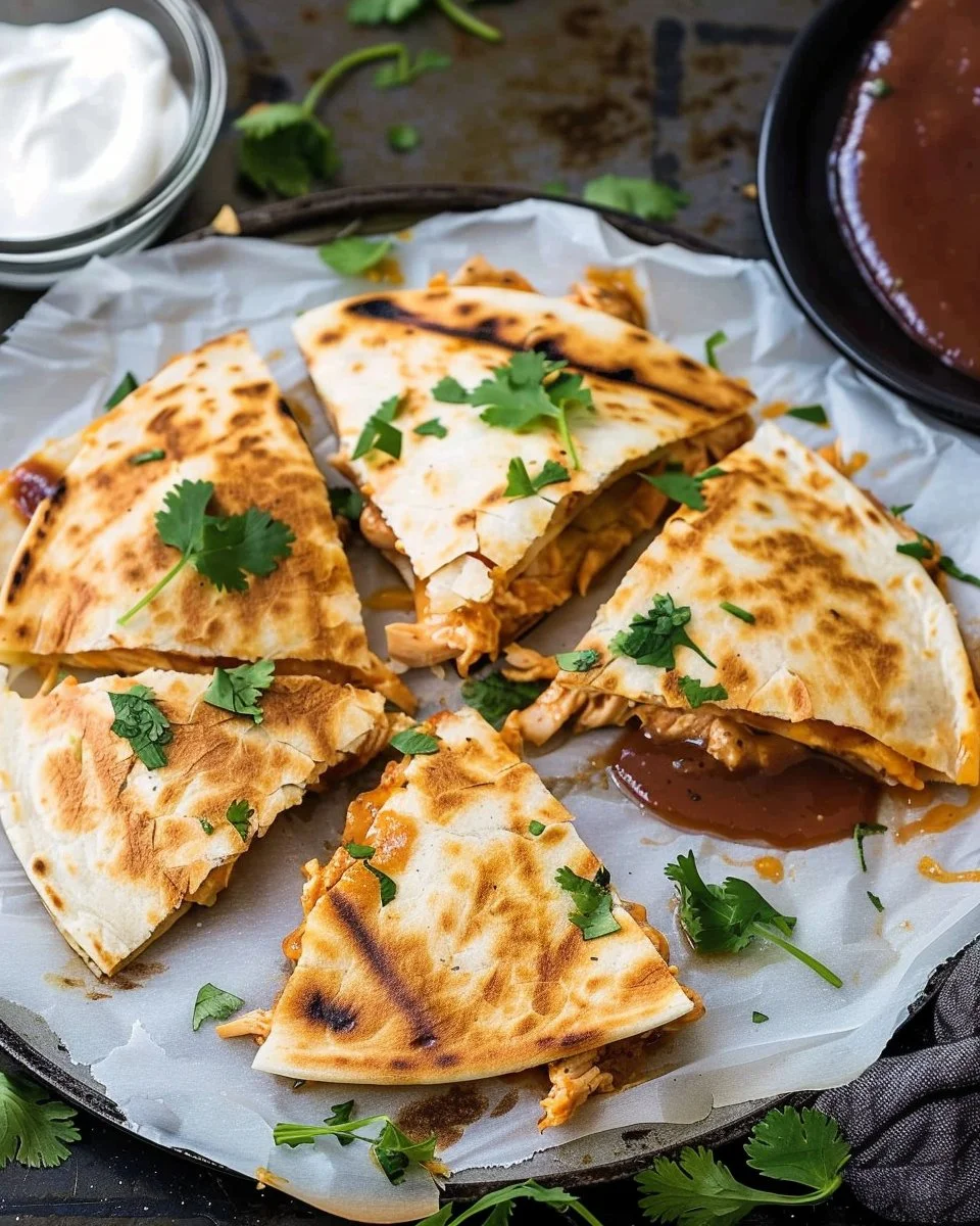 Delicious BBQ chicken quesadillas on a plate with melted cheese and fresh toppings