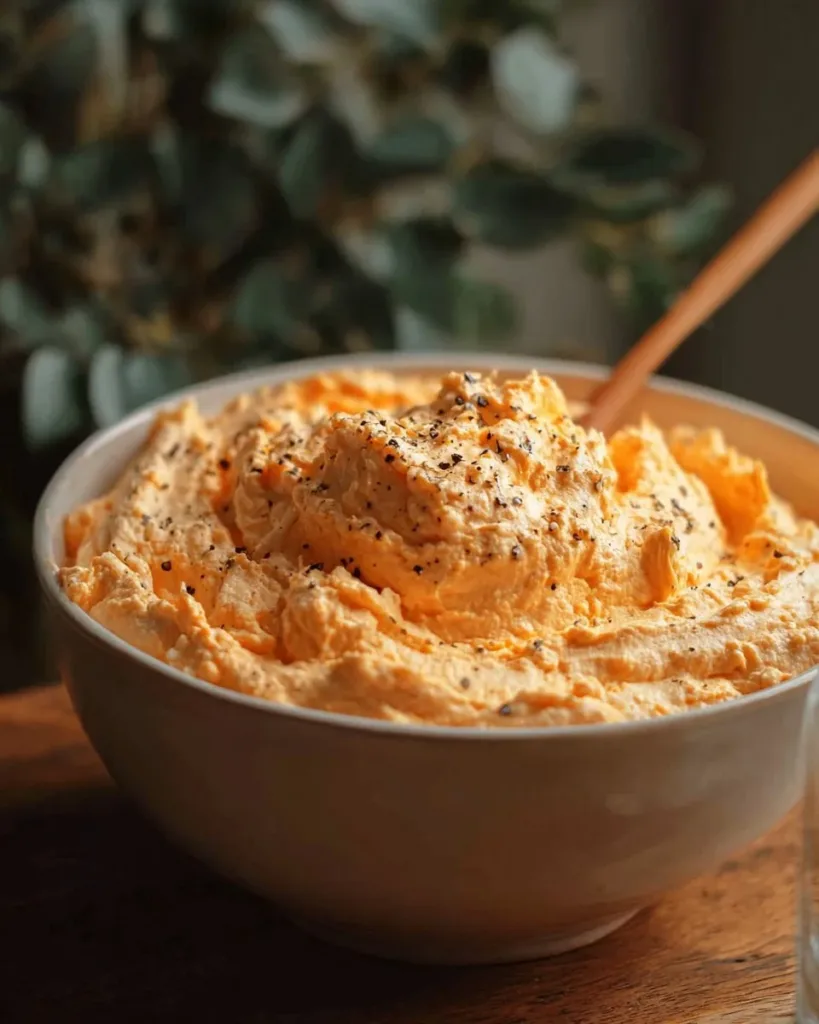Easy Cottage Cheese Buffalo Chicken Dip garnished with fresh herbs