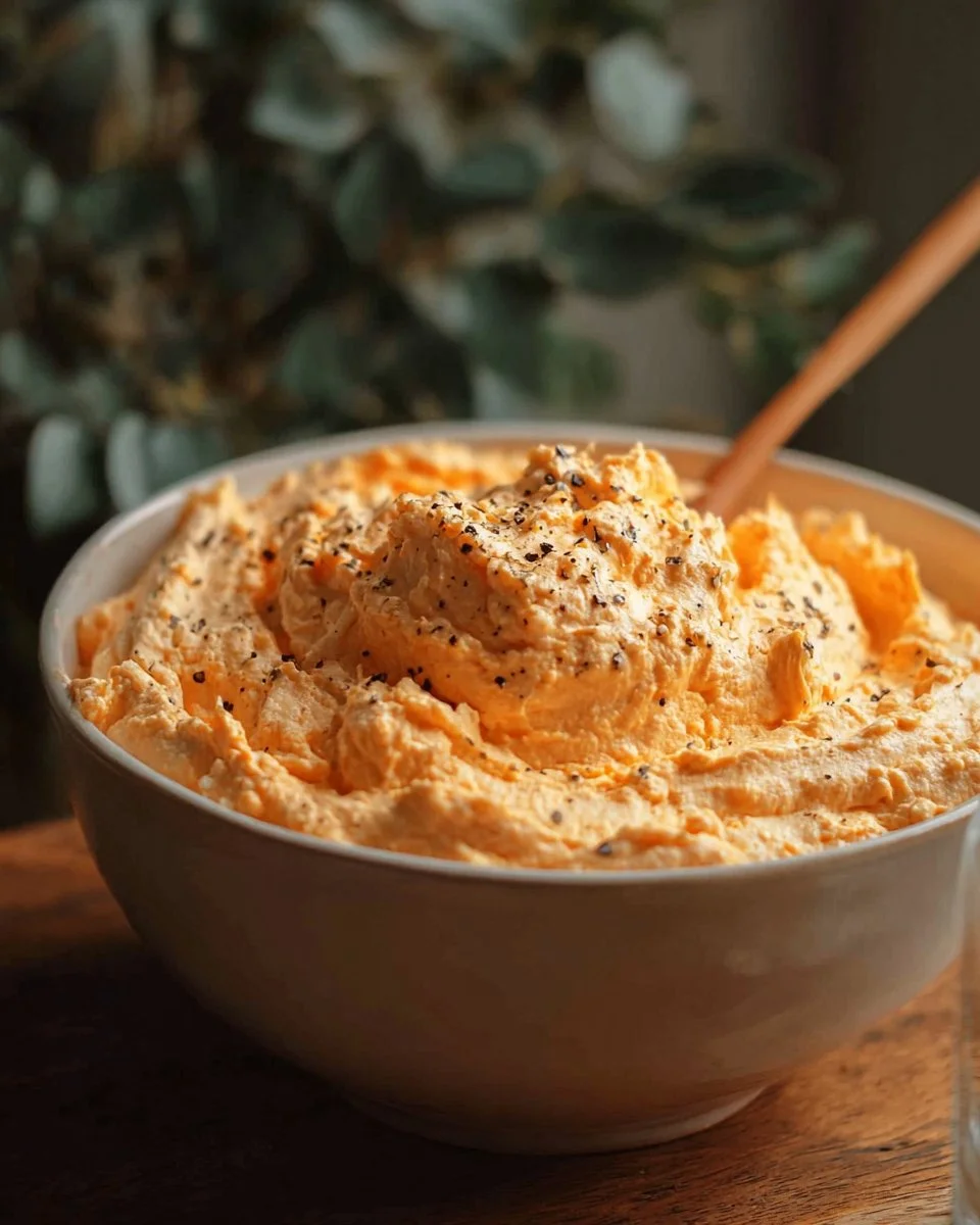 Easy Cottage Cheese Buffalo Chicken Dip garnished with fresh herbs