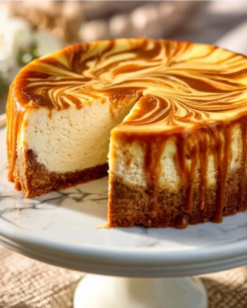 Slice of easy pumpkin swirl cheesecake with a creamy topping