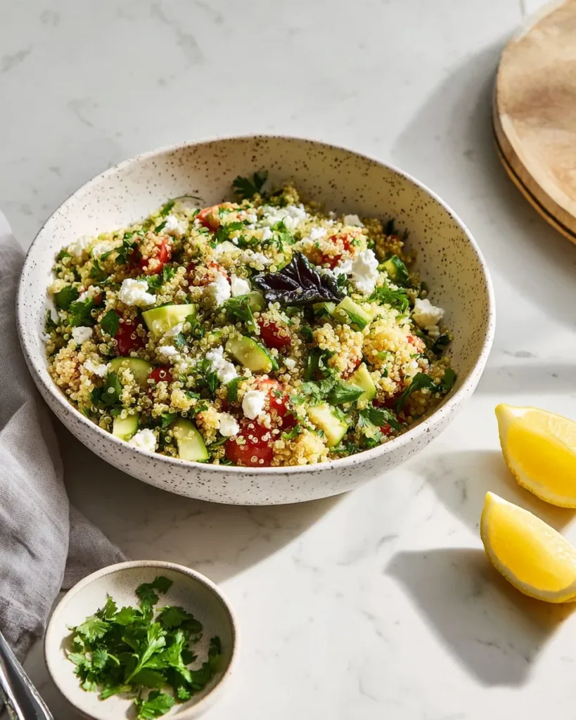 Colorful easy quinoa salad with fresh vegetables and herbs