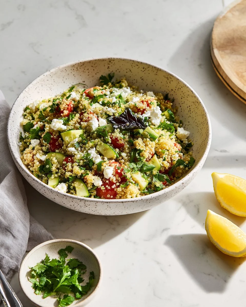 Colorful easy quinoa salad with fresh vegetables and herbs