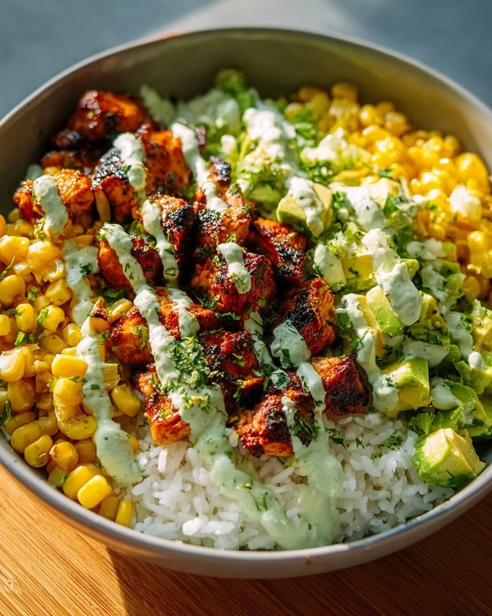 Easy Street Corn Chicken Rice Bowl featuring tender chicken and vibrant corn