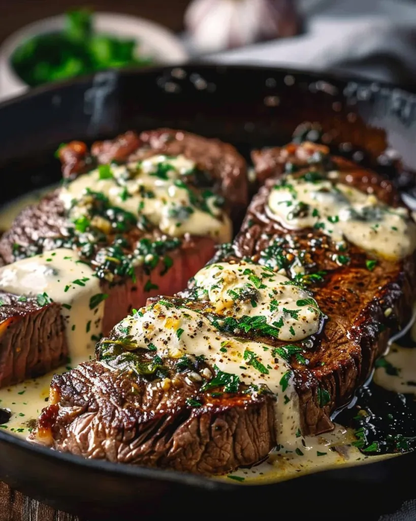 Garlic Butter Steak drizzled with rich Parmesan Cream Sauce on a plate