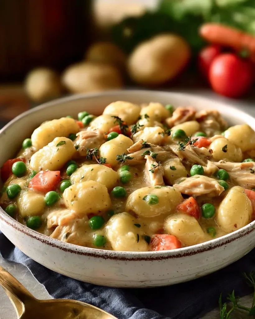 Bowl of gluten-free gnocchi soup garnished with fresh herbs and vegetables
