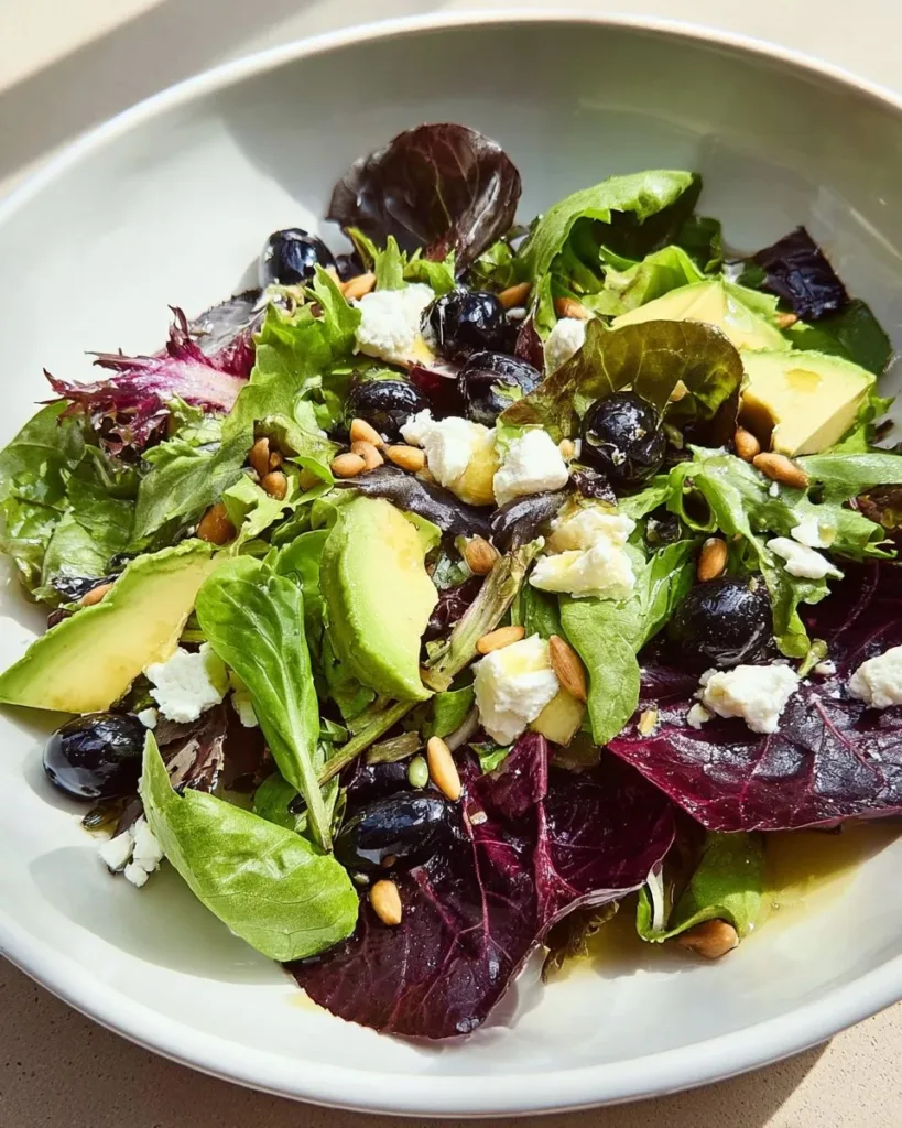 Goat Cheese Salad with Blueberries and Spring Mix in a bowl
