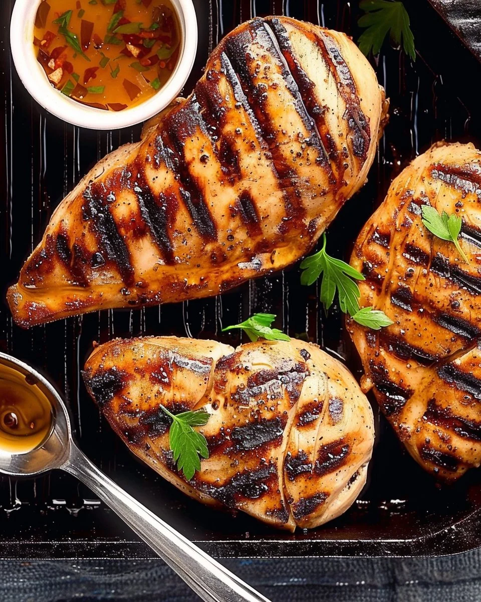 Delicious grilled chicken breast garnished with herbs and spices on a plate