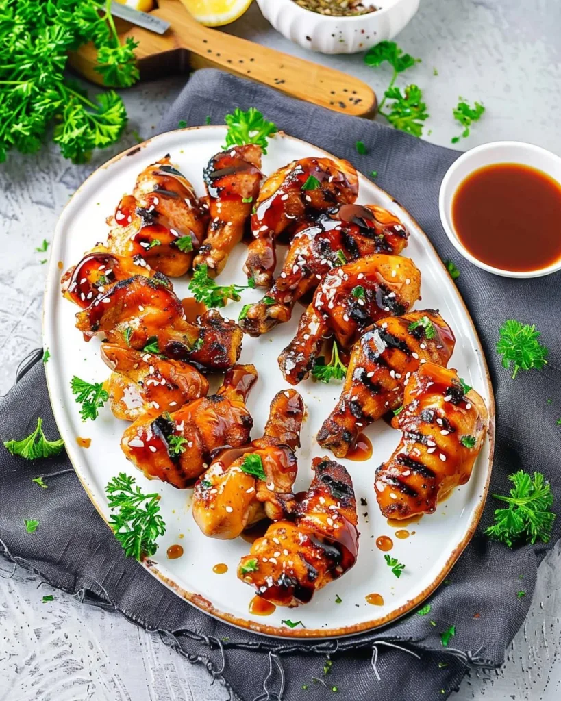 Grilled Honey BBQ Chicken served with a side of vegetables on a wooden plate