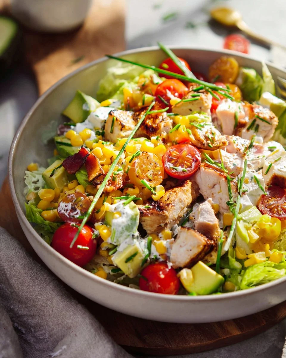 Healthy Chicken Cobb Salad with Avocado and colorful vegetables
