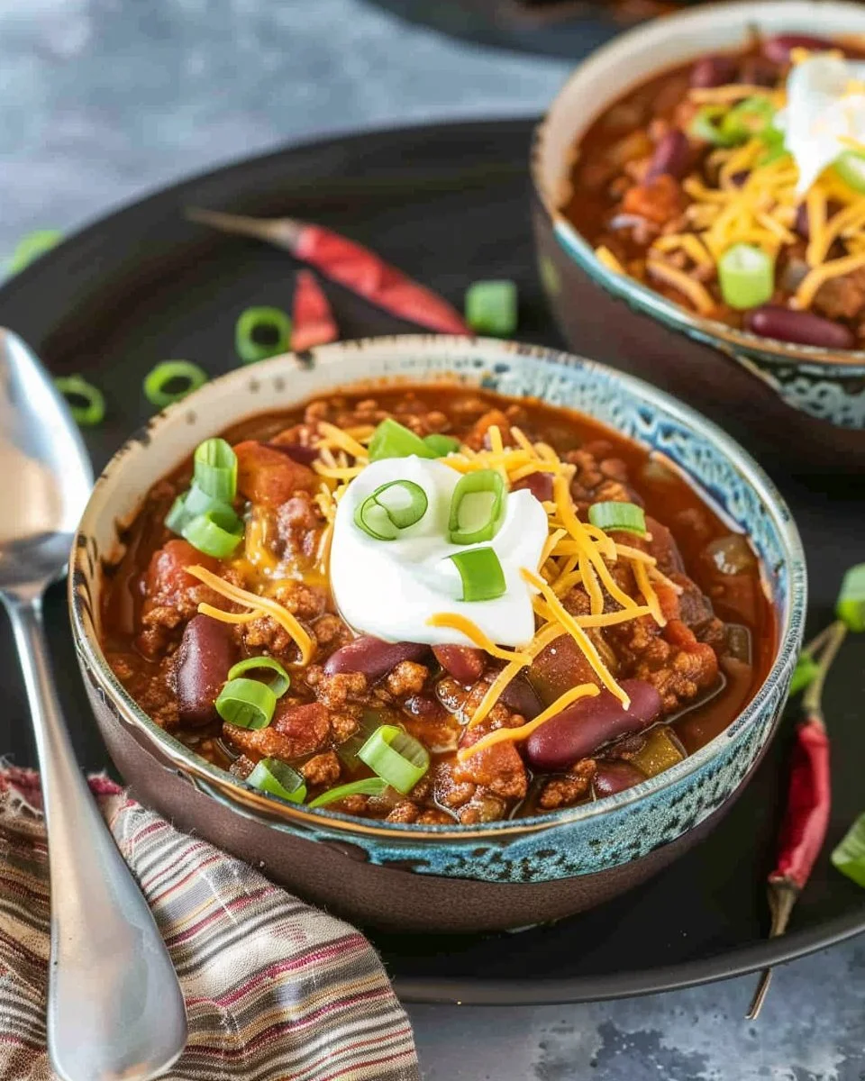 Bowl of hearty venison chili garnished with herbs and spices