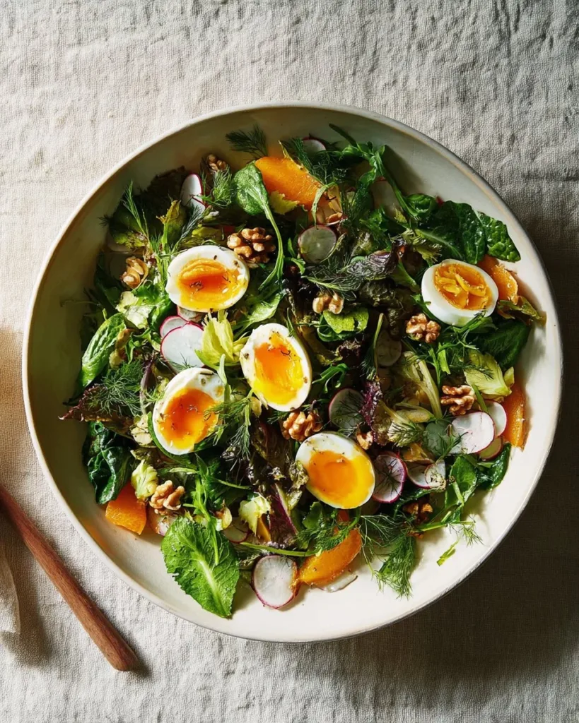 Herbed spring salad with egg, walnuts, and fresh herbs on a plate