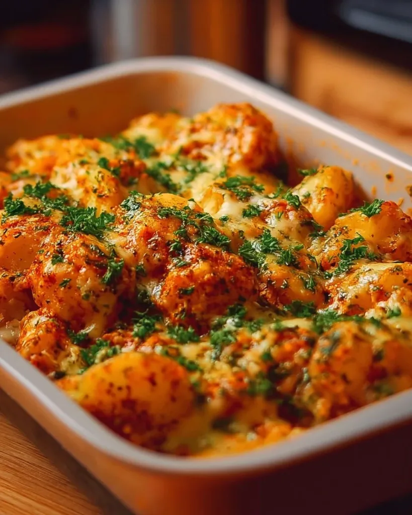 Creamy garlic cheesy chicken served with potatoes in a delicious creamy sauce.