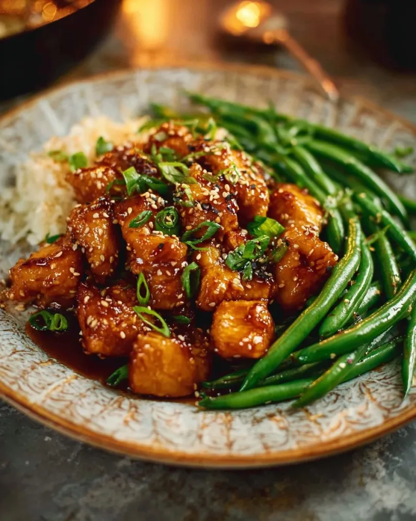 Honey Garlic Chicken served with fresh green beans