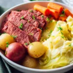 Instant Pot corned beef and cabbage served on a plate with vegetables