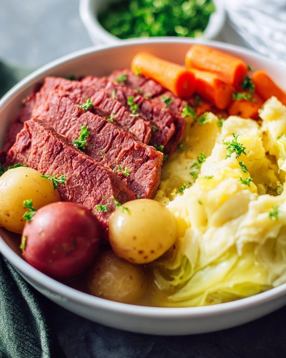 Instant Pot corned beef and cabbage served on a plate with vegetables
