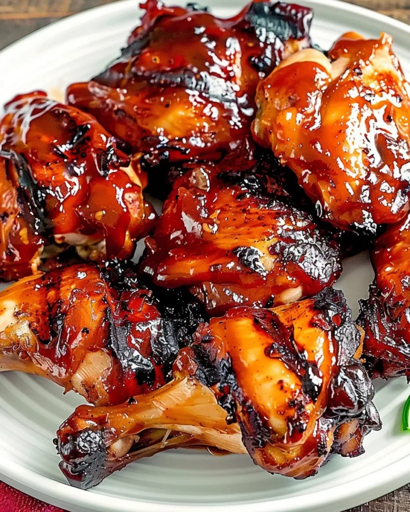 Grilled juicy BBQ chicken thighs on a plate with herbs and spices