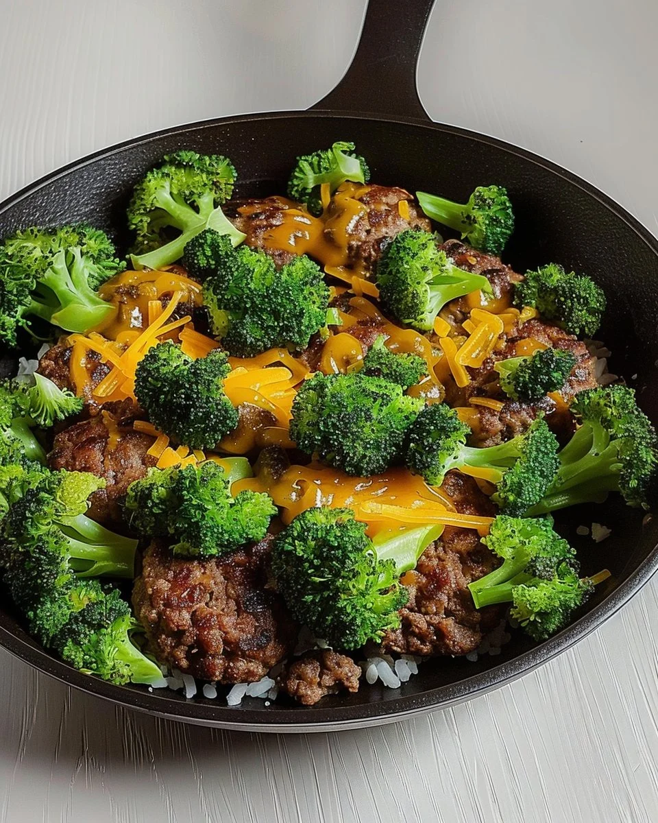 Keto Hamburger Broccoli Skillet featuring juicy hamburgers and fresh broccoli