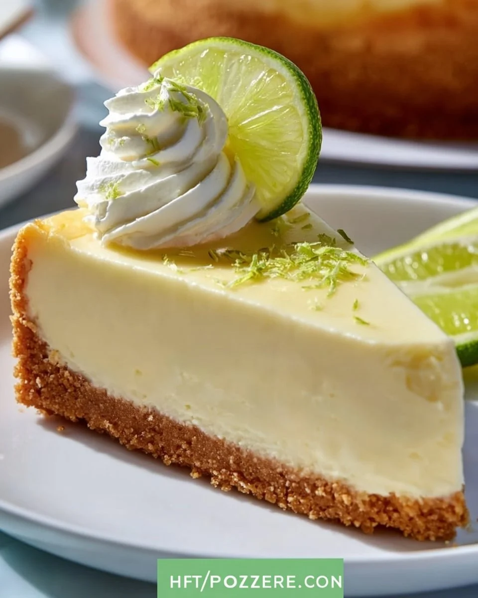 Delicious slice of Key Lime Cheesecake topped with whipped cream and lime zest.