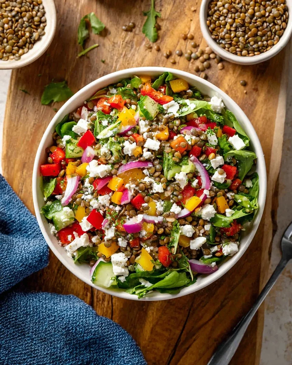 Delicious Lemon Balsamic Lentil Salad served in a bowl with fresh ingredients