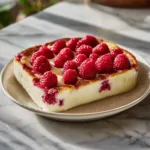 Lemon Raspberry Cottage Cheese Bake served in a dish with fresh raspberries