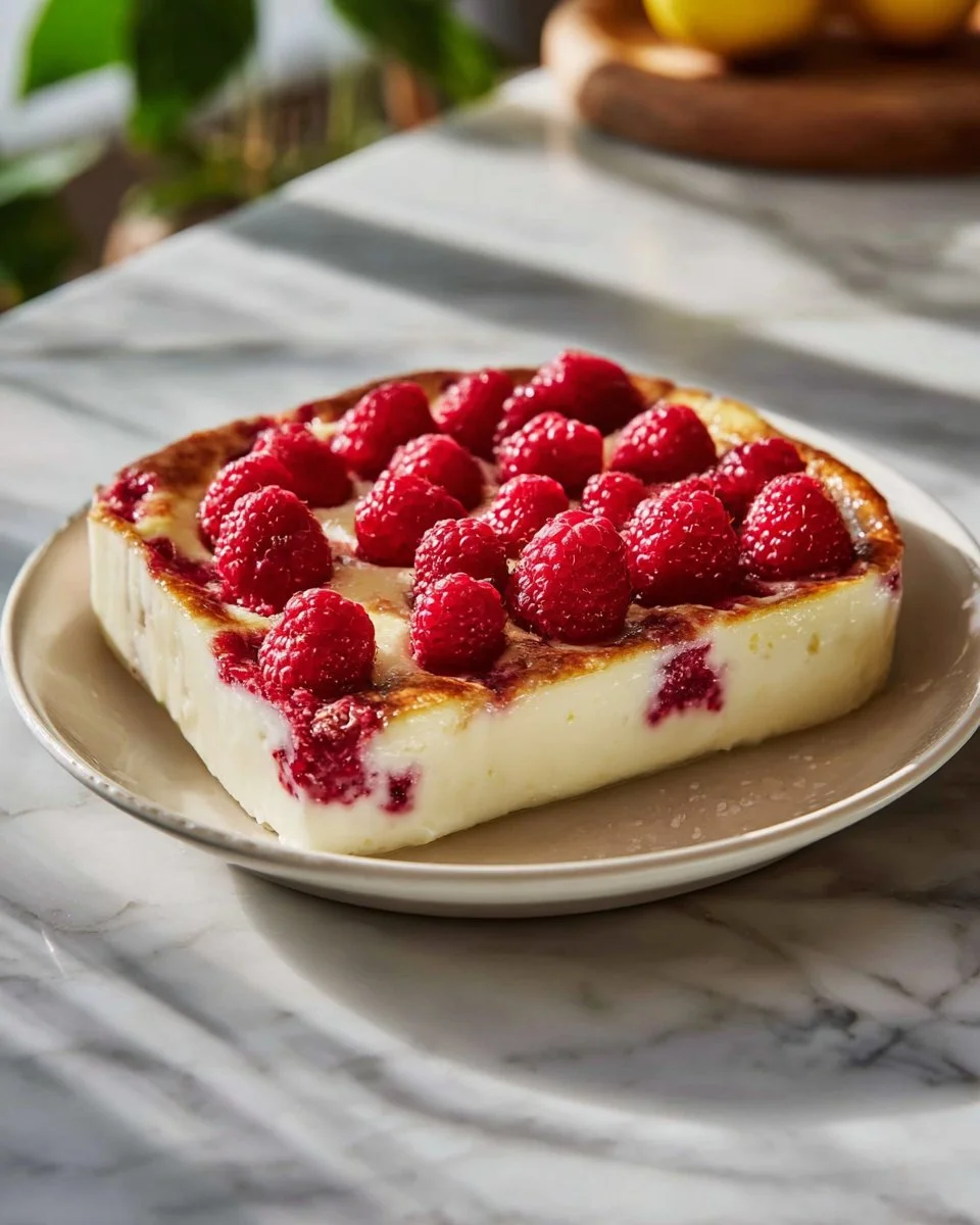 Lemon Raspberry Cottage Cheese Bake served in a dish with fresh raspberries