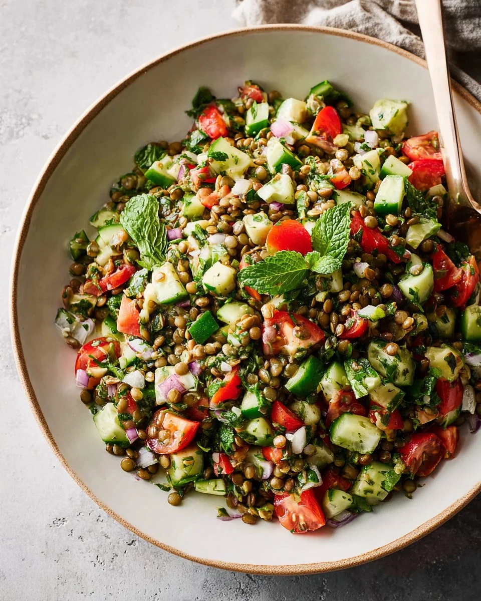 Mediterranean Lentil Salad with Feta and Mint in a bowl