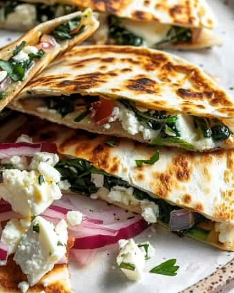 Mediterranean Quesadillas with Spinach, Feta, Mozzarella, and Red Onion