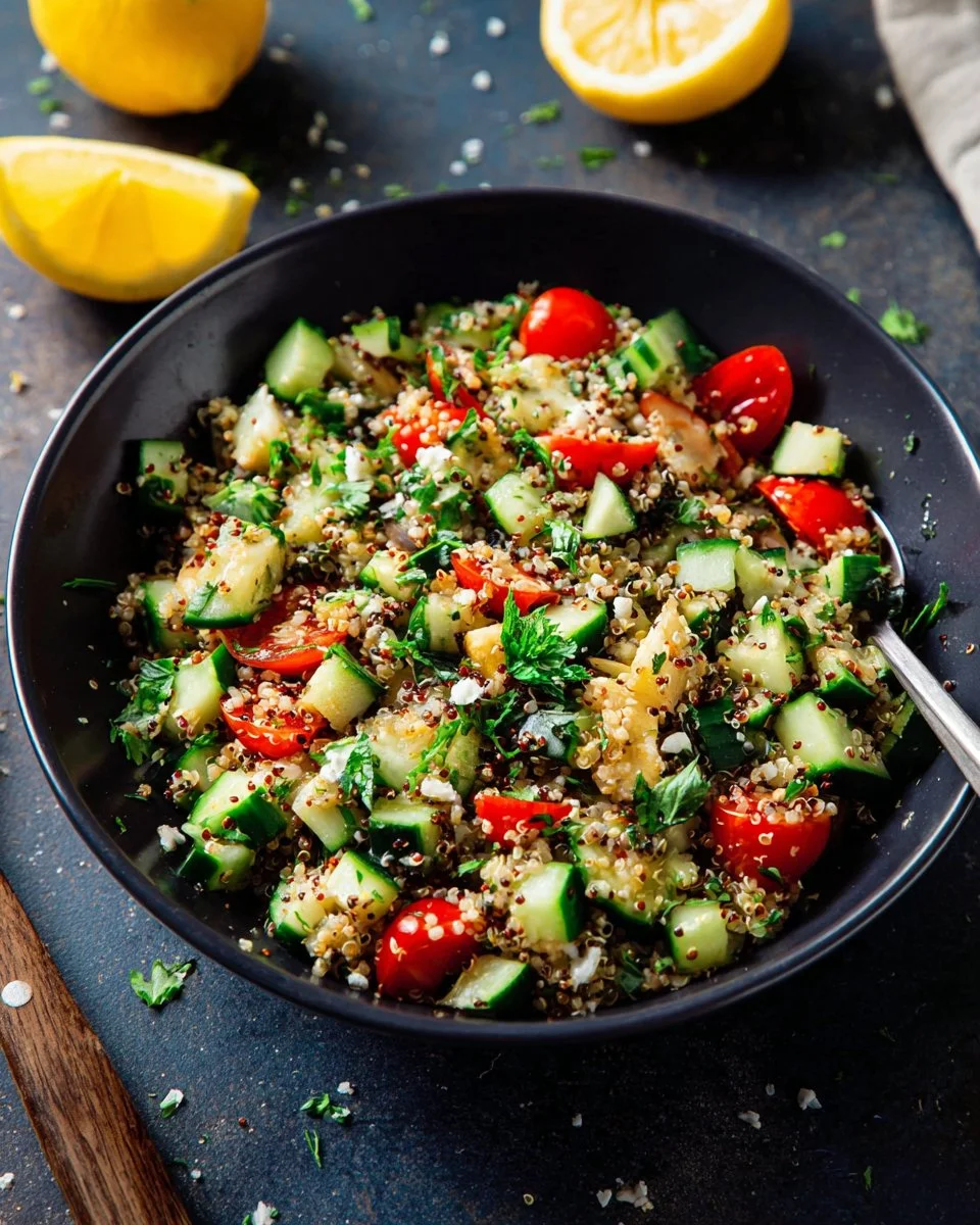 Mediterranean quinoa salad with roasted summer vegetables in a bowl