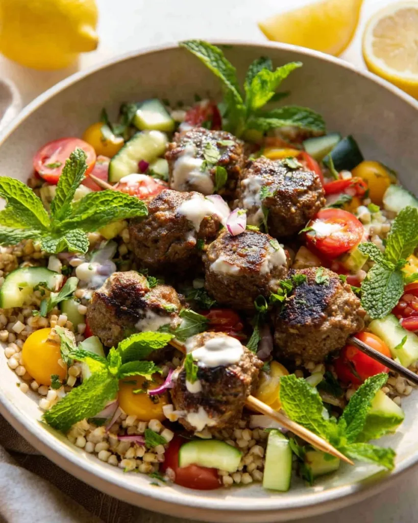 Delicious Mediterranean salad bowls with Lebanese meatballs and fresh vegetables.