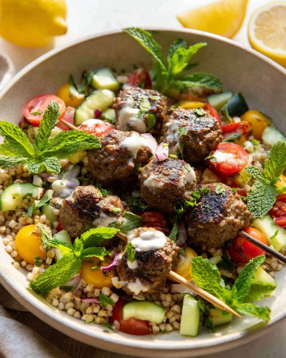 Delicious Mediterranean salad bowls with Lebanese meatballs and fresh vegetables.
