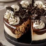 Delicious slice of Oreo Cheesecake with chocolate crust and cream topping