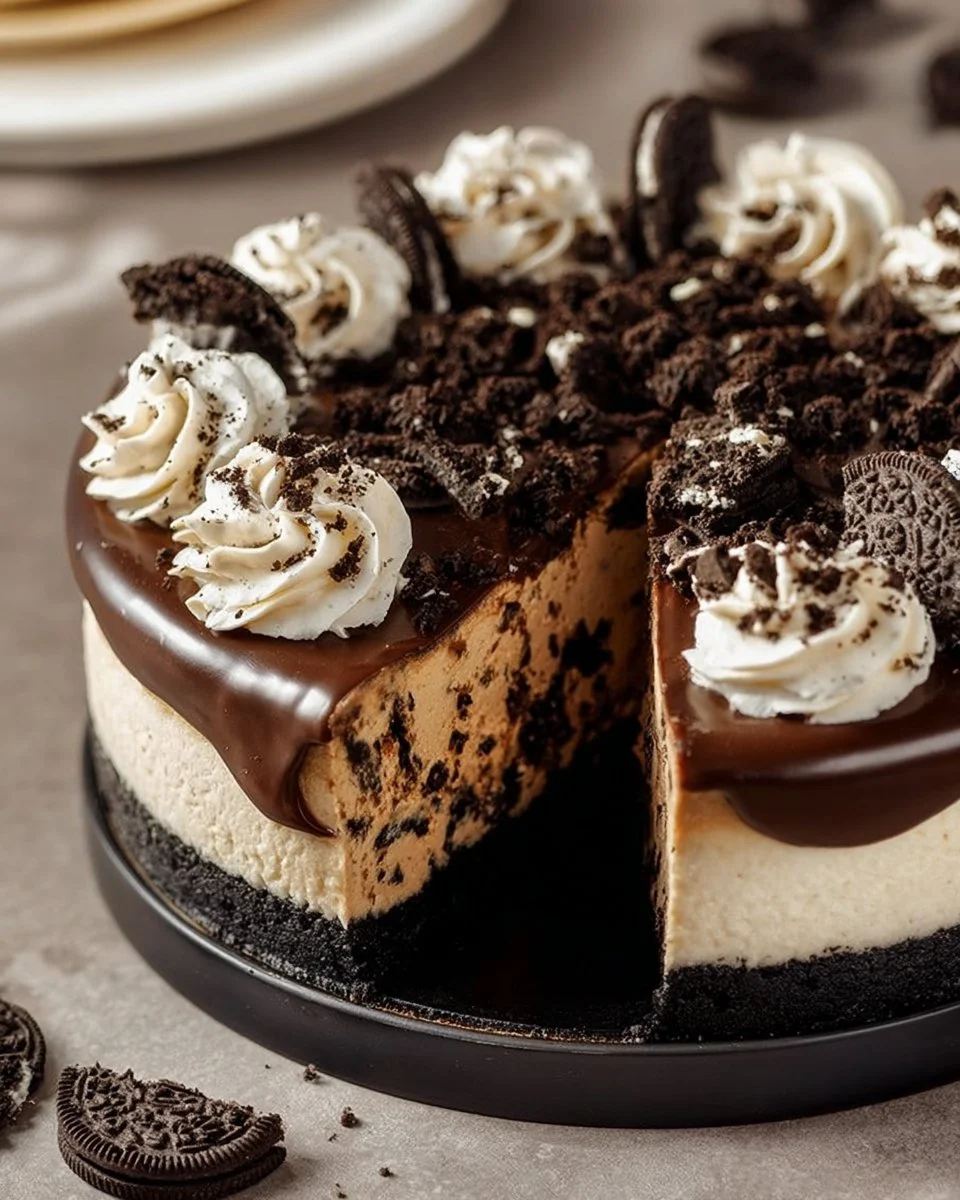 Delicious slice of Oreo Cheesecake with chocolate crust and cream topping