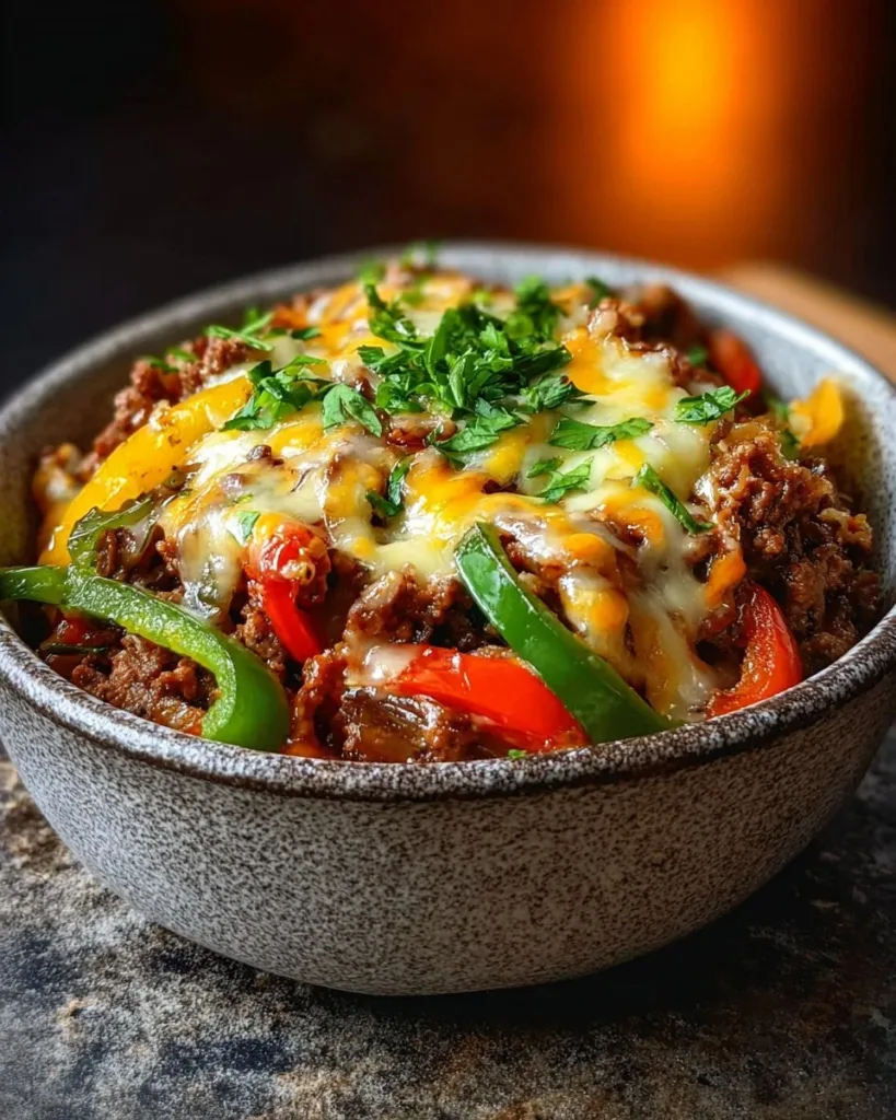 Delicious Philly Cheesesteak Bowl featuring steak, peppers, and cheese.