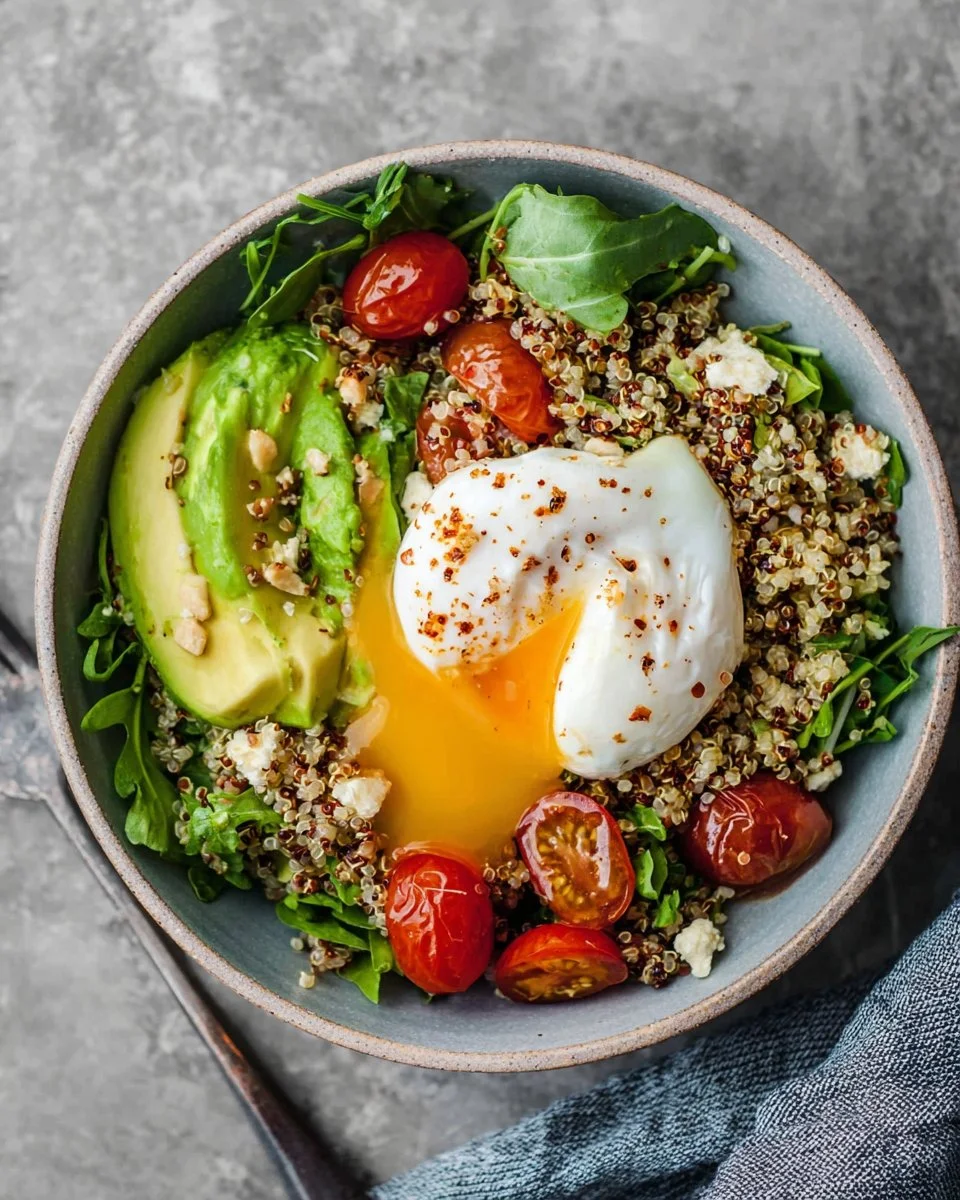 A vibrant poached egg breakfast bowl with greens, avocado, and grains